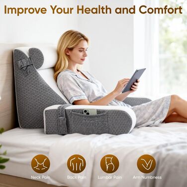 Подушка для читання зі знімним потиличним валиком та підлокітником, ергономічна подушка для спини/книги з кишенею для зберігання та чохлом, який можна прати, для ліжка та дивана для читання, роботи, сну та перегляду телевізора