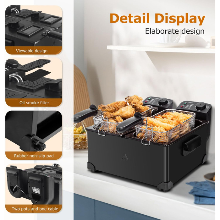 Велика подвійна фритюрниця Aigostar з 2 кошиками, 6-літрова фритюрниця з функцією холодної зони, 3600 Вт, оглядове вікно, регульований рівень нагріву до 190C, міцна та проста в догляді, чорна