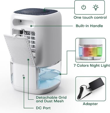 Осушувач повітря 1000 мл, електричний осушувач повітря, оновлення технології Пельтьє, автоматичне вимкнення, 7 кольорів, портативн