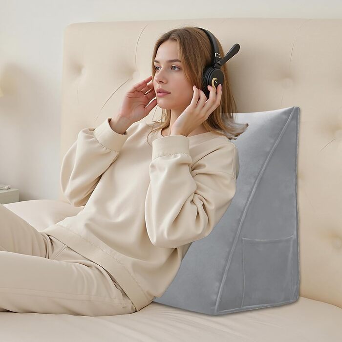 Подушка для читання Трикутна клиноподібна подушка для ліжка та дивана, зручна подушка для спини, мяка опорна подушка для читання та відпочинку, зі знімним чохлом, який можна прати, сіра, 45 см