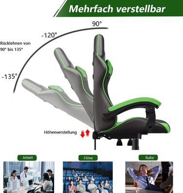 Ергономічне ігрове крісло, ігрове крісло з підголівником та поперековою опорою, регулювання висоти та нахилу від 90 до 135, комп&39ютерне крісло для підлітків, хлопчиків та дівчаток (чорне/зелене) Базова модель чорного/зеленого кольору