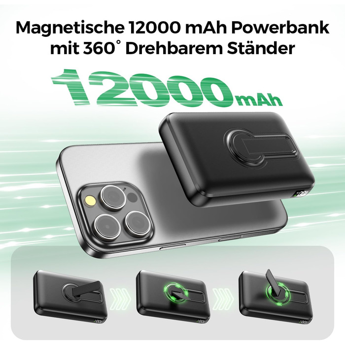 Зовнішній зарядний пристрій MagSafe, магнітний зовнішній зарядний пристрій ємністю 12000 мАг з PD 22,5 Вт, бездротовий зарядний пристрій зі швидкою зарядкою, входом та виходом Type-C, світлодіодним індикатором для iPhone серії 17/16/15/14/13/12/Pro/Pro Ma