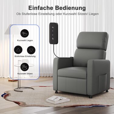 Крісло-реклайнер JUMMICO Recliner для телевізора з функцією відкидання, електрично регульоване, з штучної шкіри, для вітальні, спальні, домашнього кінотеатру (сіро-зелене)