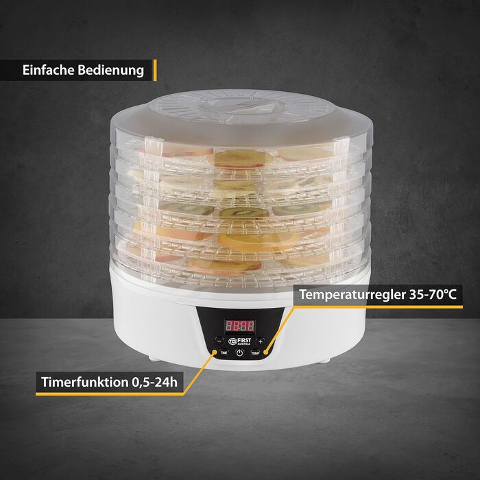 Дегідратор TZS First Austria Дегідратор для фруктів, трав, грибів і м'яса цифровий з таймером і регулятором температури 35-70C 5 рівнів, полиці з інкрустацією без бісфенолу А, дегідратор з таймером