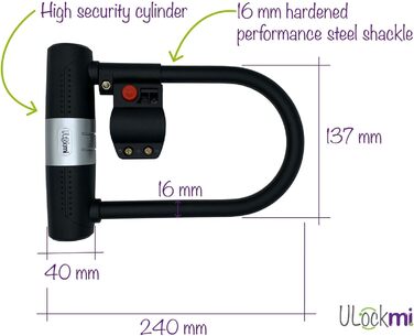 Велосипедний замок Ulockmi U-Lock 16 мм трос 120 см (Ø 10 мм), 3 ключі та кронштейн, водонепроникний комплект U-Lock для велосипеда, гірського велосипеда та електровелосипеда (чорний)