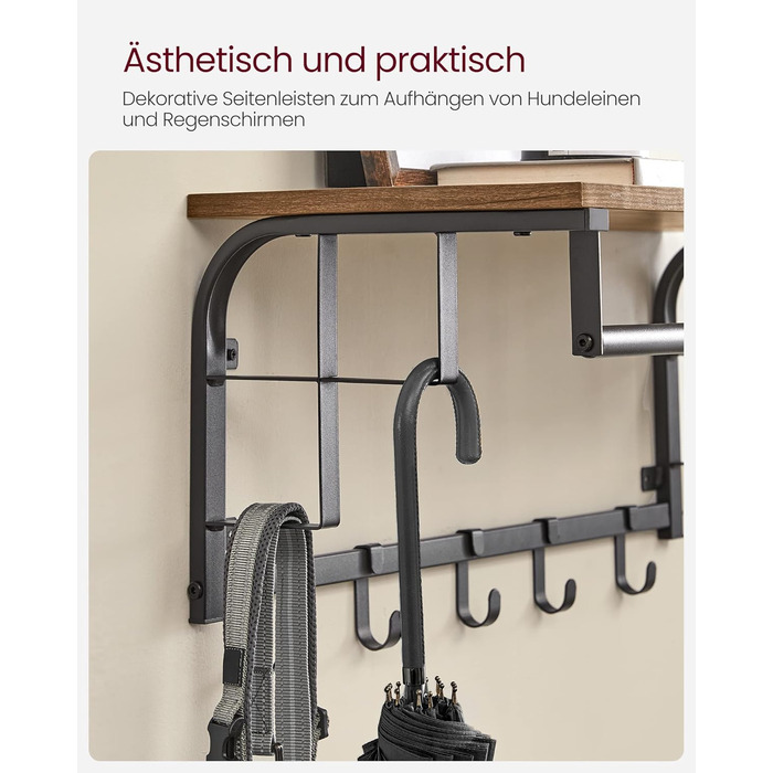 Настінна вішалка VASAGLE з полицею для зберігання, настінна полиця з 5 знімними гачками, підвісна полиця з рейкою для одягу, для п
