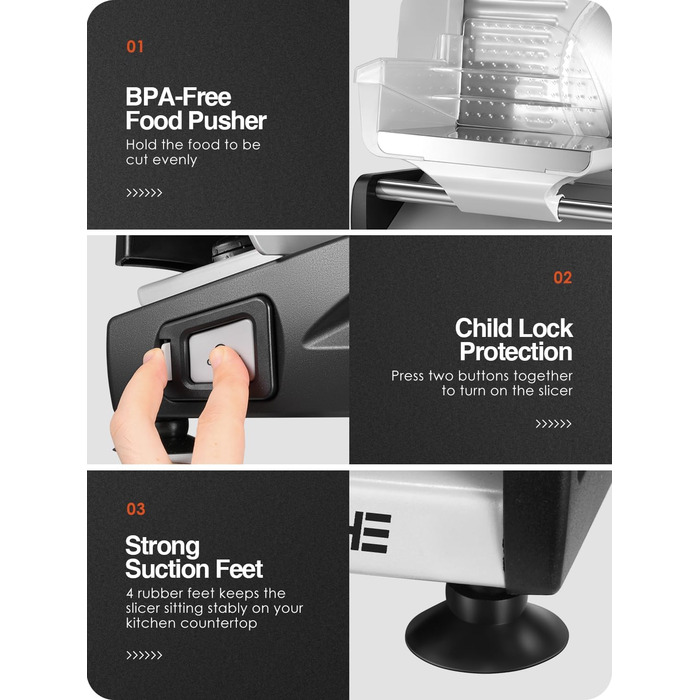 Електричний нарізувач їжі YASHE SL-518 - Нарізка для м'яса та хліба потужністю 250 Вт з регульованою товщиною 0-15 мм, 2 знімними лезами з нержавіючої сталі 19 см, запобіжним замком і всмоктувальної основою