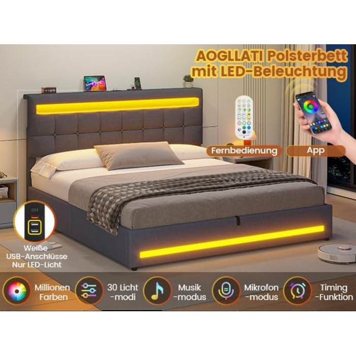 М&39яке ліжко 160x200 см із зарядною станцією та світлодіодним освітленням, каркас двоспального ліжка з місцем для зберігання, узголів&39ям та рейковою основою, плаваючий візуальний ефект, сучасний лляний каркас ліжка, матрац не входить до комплекту, темн