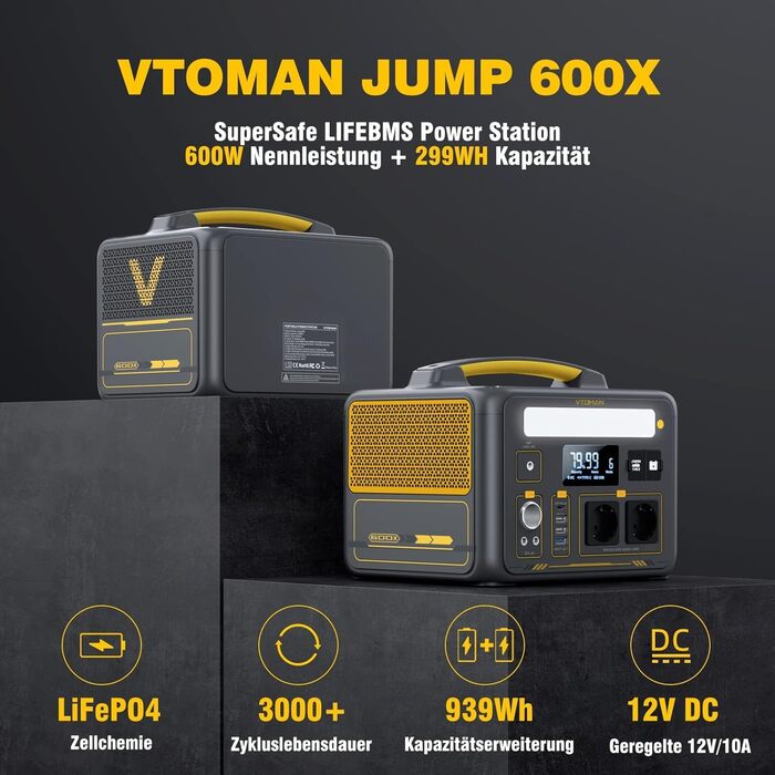Портативна електростанція VTOMAN Jump 600X 600 Вт - сонячний генератор 299 Втгод на акумуляторах LiFePO4 з двома акумуляторами по 600 Вт (пікова потужність 1200 Вт), можливістю розширення для кемпінгу, автофургонів, екстреного використання DE-Jump600X-1