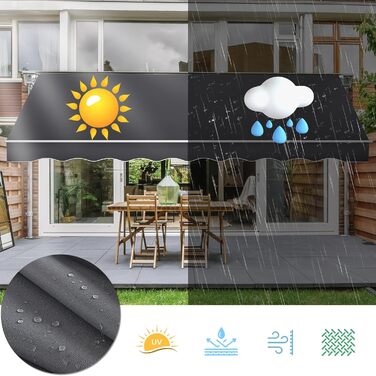 Тент на балкон з кріпленням на скобах, сонцезахисний козирок, складний тент з ручним приводом, сонцезахист, водонепроникний, пилонепроникний, регульована висота (темно-сірий, 3 * 2,5 м) 3 * 2,5 м темно-сірий