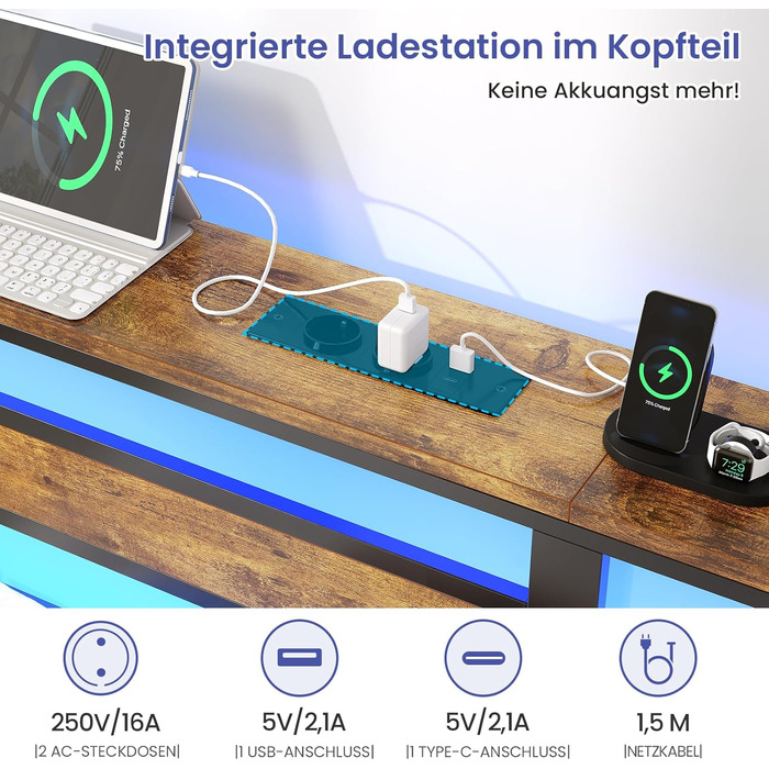 Ліжко 140x200 з металевою рейковою основою, двоспальний каркас ліжка 140x200 см зі світлодіодним освітленням та зарядною станцією (2 розетки змінного струму, 1 порт USB та 1 порт Type-C), металеве ліжко з узголів&39ям, чорно-коричневе, 140x200 см