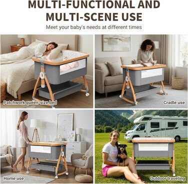 Дитяче ліжечко-тумбочка, дорожнє ліжечко 3-в-1, 6 регульованих рівнів висоти з матрацом та колесами з гальмами, підходить для дітей від 0 до 6 місяців, для дому та подорожей