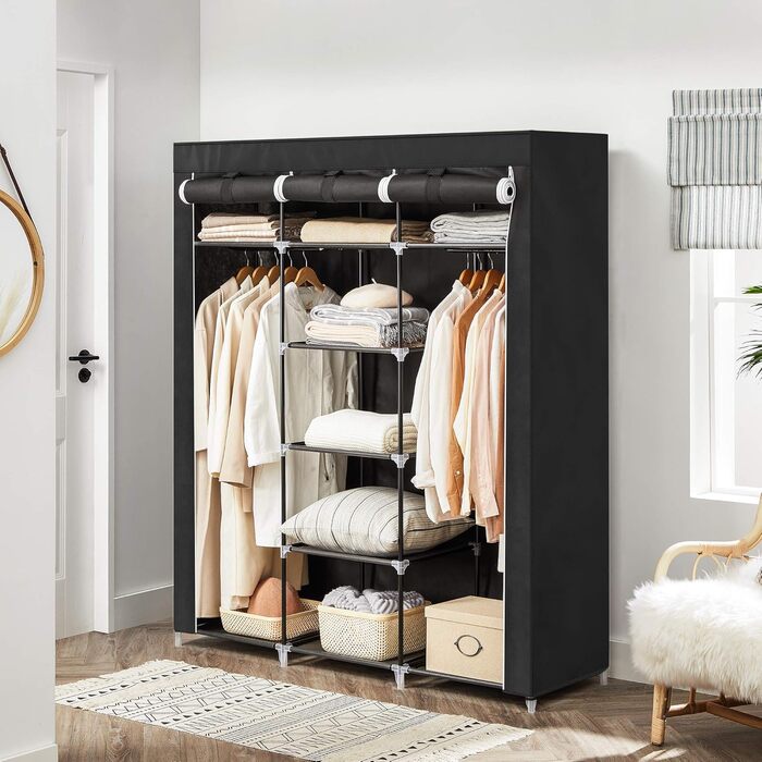 Шафа, Тканинна шафа, Складана вішалка для одягу з рейками для одягу, Вішалка для одягу, Місце для зберігання, Сумки, Взуття, Спальня, Гардеробна, 45 x 150 x 175 см, Чорний RYG12B Чорний 150 x 45 x 175 см