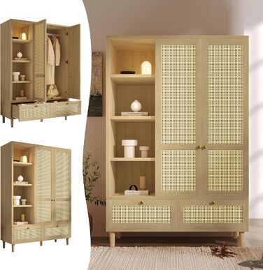 Шафа з 2 дверима та плетінням з ротанга в сільському стилі, під дуб, відкрита полиця, полиці, вішалки для одягу, 2 шухляди, пристрій проти перекидання (180x120x50 см) 180x120x50 см