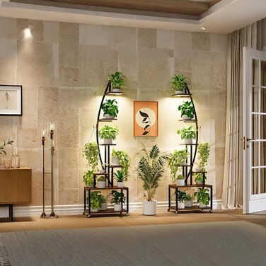 Підставка для рослин з лампою для вирощування, 7-рівнева підставка для квітів (165 см), полиця для рослин з металу та дерева з фіксуючими колесами, підставка для квітів для внутрішнього/зовнішнього використання, декоративна підставка для квітів для саду а