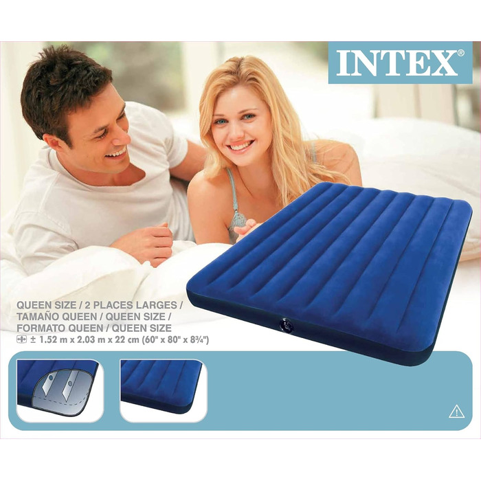 Ліжко Intex Classic Downy Надувне ліжко - Queen - 152 x 203 x 22 см - Синє односпальне