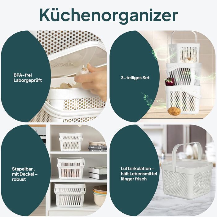 Набір із 3 ящиків для зберігання картоплі uandu Ящик для картоплі на кухню, ящик для цибулі та часнику, кухонний органайзер, білий набір із 3 предметів (5 л 8 л 12 л)