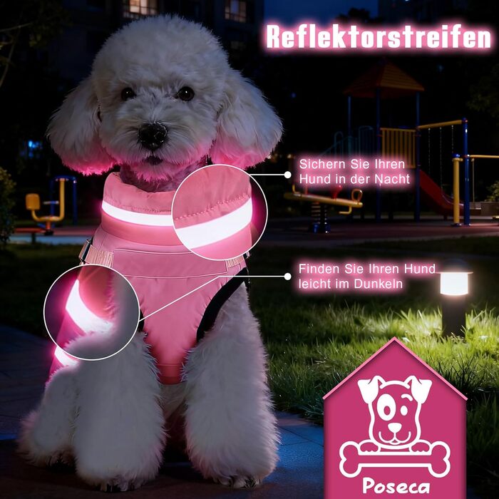 Пальто для собаки Тепла зимова куртка для собаки з флісовою підкладкою, світловідбиваюча, водо- та вітронепроникна, вбудований шлей, розмір S, рожевий