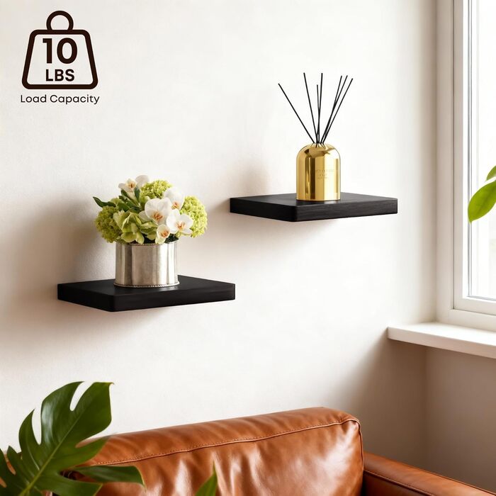 Плаваючі настінні полиці, комплект з 2 шт. , квадратні полиці з масиву дерева 20,3 см, маленькі декоративні настінні полиці для ванної кімнати, спальні, вітальні та кухні Чорний Чорний 20,3 см - 2 шт. и