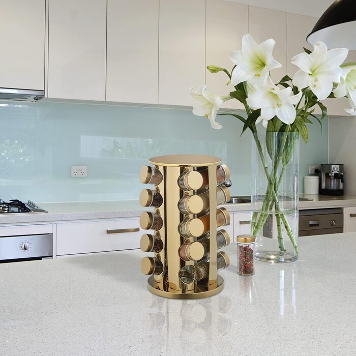 Підставка для спецій Relaxdays з 20 баночками для спецій, зі вставкою-шейкером, поворотна на 360, карусель для спецій, нержавіюча сталь, золотий/прозорий