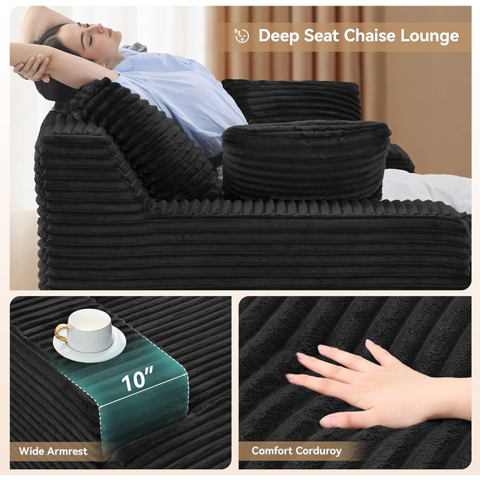 Сучасний вельветовий диван без кісток з функцією сну Диван Хмара з шезлонгом, 3 подушки, зручний диван для вітальні, не потребує складання чорна вельветова тканина