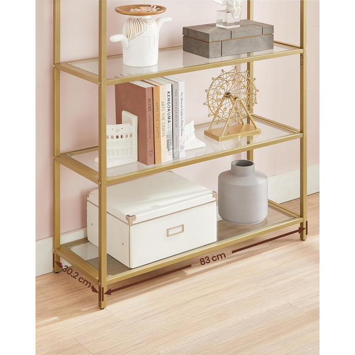 Полиця VASAGLE, 5-ярусна книжкова полиця, окремостояча полиця із загартованого скла, арочна полиця для зберігання, металевий каркас, для вітальні, спальні, кабінету, ванної кімнати, золотисто-прозора LGT050A01 30,2 x 83 x 183,5 см Золотий прозорий