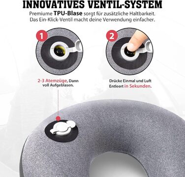 Надувна подушка для шиї HIKENTURE - З чохлом, який знімається та миється - подушка для подорожей, подушка для шиї в літаку, автомобілі, поїзді - подушка для підтримки шиї - надувна подушка для шиї для подорожей маленька сіра