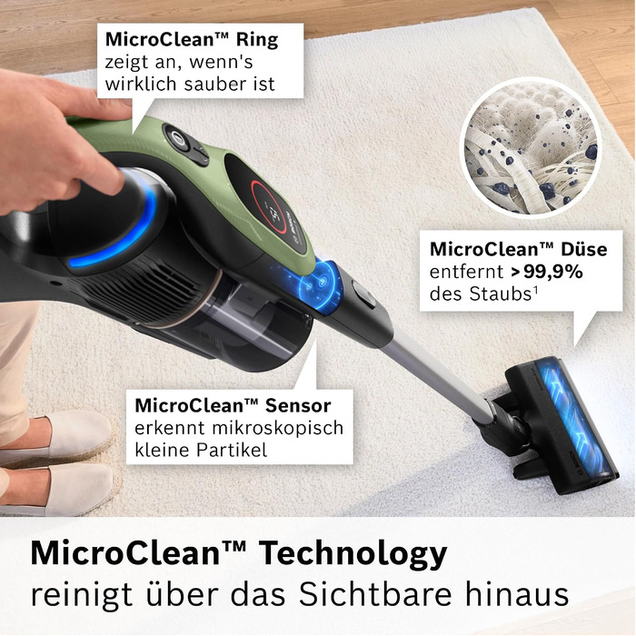 Акумуляторний пилосос Bosch Unlimited 9 BBS921TBA, бездротовий, MicroClean Technology, дисплей, компресія пилу, HEPA-фільтр, 10 років гарантії на двигун, змінний акумулятор, LED-підсвітка, щілина для вузьких місць, зелений