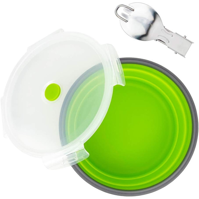 Кругла складна кемпінгова миска об&39ємом 1200 мл, силіконовий контейнер для зберігання їжі, силіконова миска з кришкою та складною ложкою 2-в-1, придатна для використання в морозильній камері та мікрохвильовій печі, зелена.