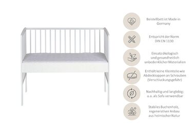 Дитяче ліжечко Micky Plus - Біле - 60120 см - Плавне регулювання висоти 3-в-1 - вкл. боковини та систему ременів безпеки - Ідеально підходить для ліжок Box Spring 124Д x 65Ш x 97В см Box Spring - Біле лаковане одномісне ліжко