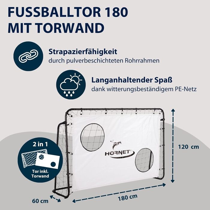 Футбольні ворота HUDORA Hornet 180 з цільовою стінкою - Вуличні для дітей та дорослих - Ворота зі знімною сіткою та двома посиленими стрілецькими лунками - Водостійкі для тренувань та відпочинку (одинарні)