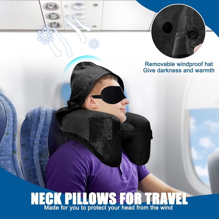 Надувна Neck Pillow з капюшоном, Neck Pillow Adults, Neck Pillow Car Travel Pillow, Quick Inflatable Neck Pillow Travel (Black)