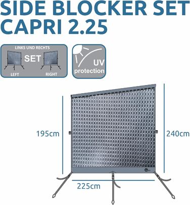 Ваш комплект бічних блокувальників GEAR Capri - 2-кратна вітропроникна боковина для тенту, захисту від сонця та спеки