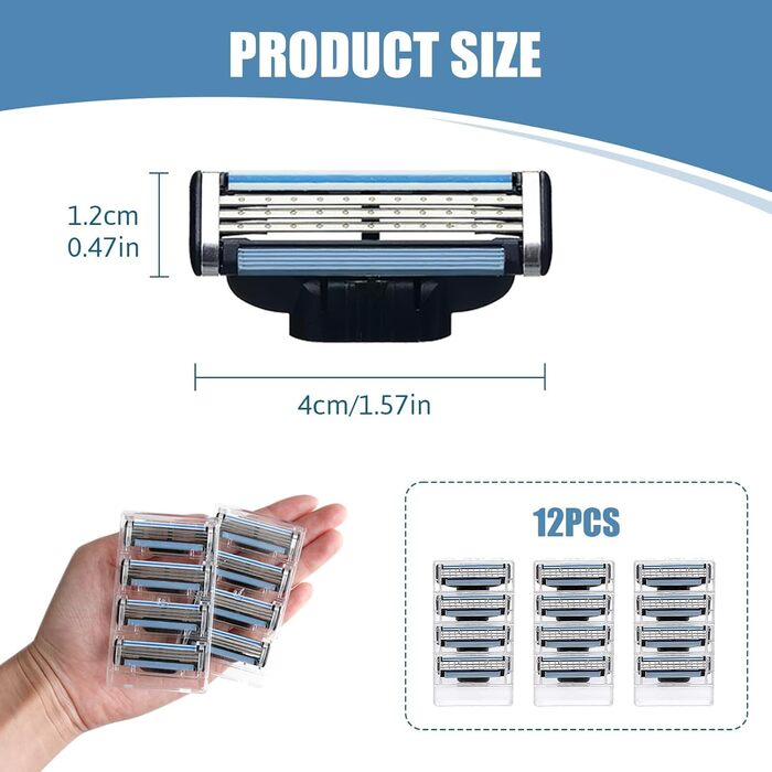 Пакет із 12 лез Mach 3, змінних лез для чоловічих вологих бритв, точних бритв із 3 лезами для гладкого гоління, безпечної для шкіри технології, ідеальної для щоденного та професійного використання