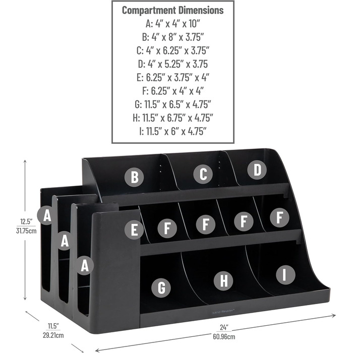 Настільний органайзер для кавових чашок та снеків Mind Reader з 14 відділеннями, 3 рівнями, 6,3 м Д x 3,1 м Ш x 3,1 м В, пластик, чорний колір