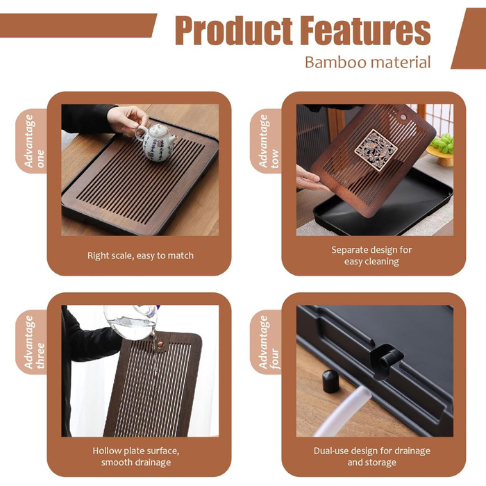 Бамбуковий чайний столик для чайної церемонії Гунфу з відстічним резервуаром для води, знімний (35,9 x 24,1 см) ідеальний подарунок для друзів та родини