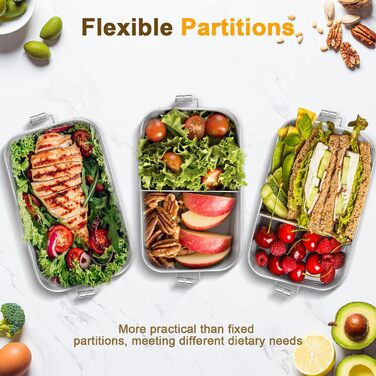 Ланчбокс Cozary з нержавіючої сталі, 1000 мл, для дорослих, з роздільниками, без BPA, герметичний бento-бокс з ущільнювачем для роботи, школи та пікніків