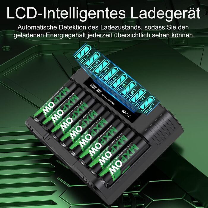 Літієві батарейки типу АА, 8 шт. , із зарядним пристроєм, акумуляторні батарейки високої ємності 1,5 В 3400 мВтгод, 1500 циклів розрядки/зарядки, зарядний пристрій із РК-дисплеєм