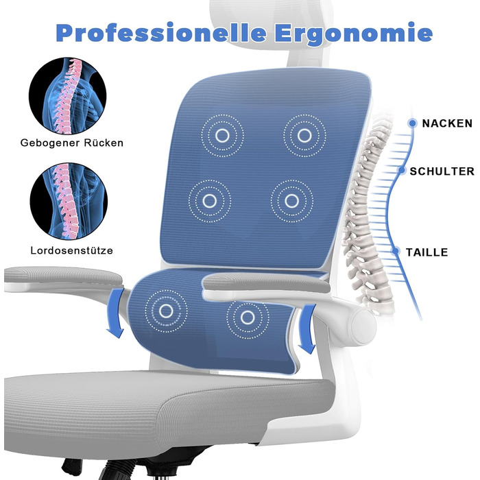 Офісний стілець naspaluro, ергономічний стілець для роботи з регульованим підголівником, підлокітниками, динамічною поперековою підтримкою, обертовий стілець з дихаючою сітчастою оббивкою для домашнього офісу, сірий