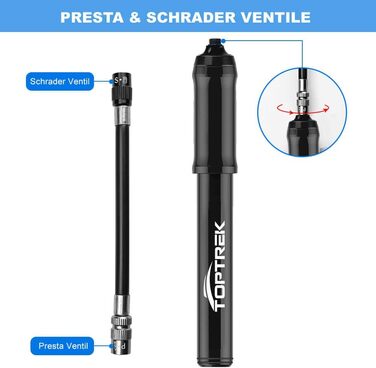 Міні-велосипедний насос Toptrek 260PSI, сумісний з усіма клапанами (Presta та Schrader), малий велосипедний насос для гірських велосипедів, шосейних велосипедів, електровелосипедів, гірських велосипедів