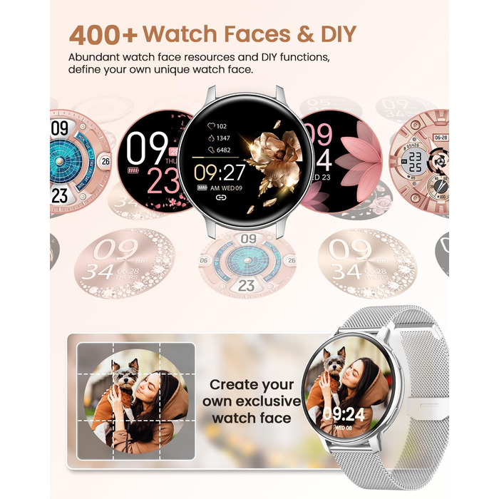 Жіночий круглий смарт-годинник, фітнес-годинник з функцією телефону, 24-годинний монітор серцевого ритму, відстеження SpO2, відстеження менструального циклу, понад 120 спортивних режимів, відстеження сну, водонепроникність IP68, крокомір, сумісний з iOS/A