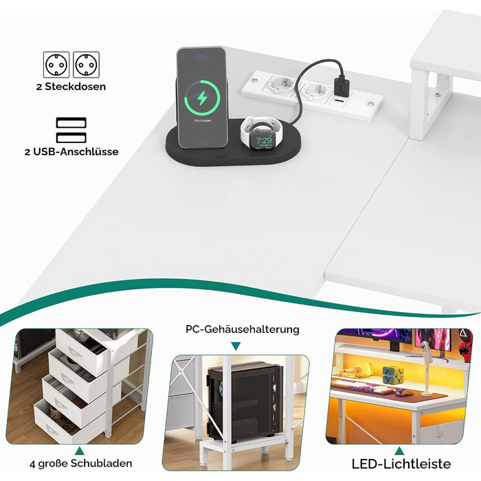Кутовий письмовий стіл YITAHOME L-подібний з USB-розетками та шухлядами, білий, 130 x 100 x 75 см