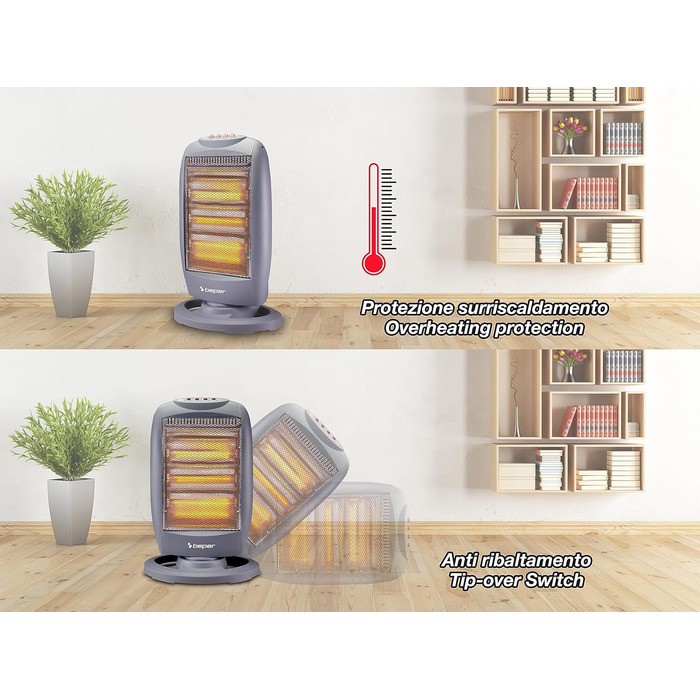 Галогенна нагрівальна панель BEPER P203PAN011, 400/800/1200 Вт, 3 нагрівальні елементи, 3 рівні потужності, автоматичне горизонтальне коливання, функція ECO та автоматичне вимкнення, сіра