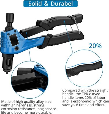 Набір плоскогубців для заклепок AUTOUTLET, професійні плоскогубці для ручних заклепок з оправками M3 M4 M5 M6 і заклепками 100 шт., 8-футова міні-заклепувальна гайка пістолета з ящиком для інструментів, ручний заклепувальний пістолет для заклепок - синій
