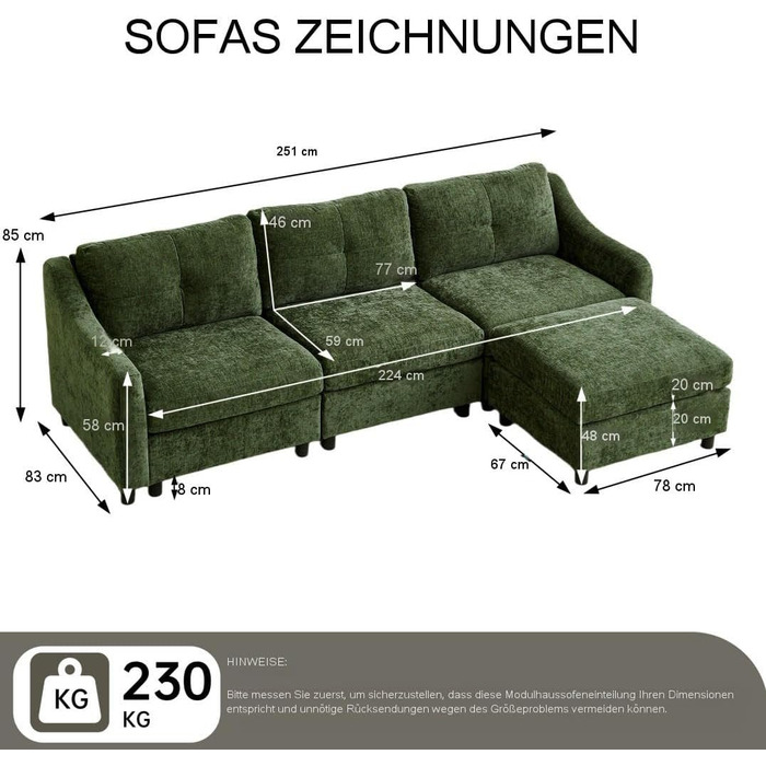 Кутовий диван JIEXI з функцією сну, вельветовий диван, L-подібний диван, кутовий диван, диван-ліжко, 251 см (темно-зелений, 3 місця 1 пуф)