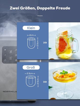 Машина для льоду з нержавіючої сталі з 2 розмірами кубиків льоду, 14 кг 24 шт. , самоочищення, 9 кубиків льоду за 6 хвилин, LED-дисплей, резервуар для води 2 л, льодогенератор із черпаком для льоду та кошиком, льодогенератор NORTHCLAN