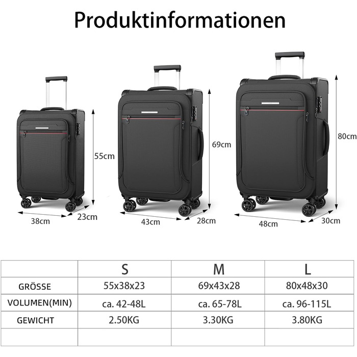 Розширюваний валіза-кейc з мяким корпусом - ручна поклажа, малий розмір 55x38x23 см, тканинний валіза на колесах, водонепроникний, з 4 колесами та TSA замком, обєм 48 літрів, чорний S Чорний