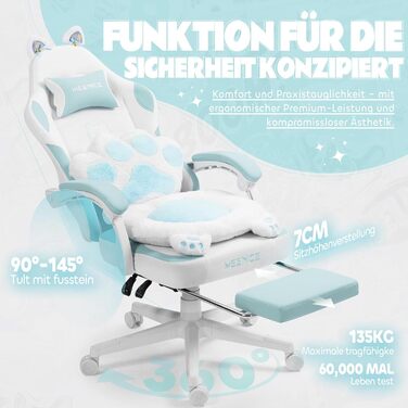 Милий ігровий стілець з котячою тканиною з поперековою подушкою у формі котячої лапи та котячими вушками, ігровий стілець з підставкою для ніг, ергономічний ПК-стілець для дітей, дорослих та дівчаток, вантажопідйомність 140 кг, синьо-білий