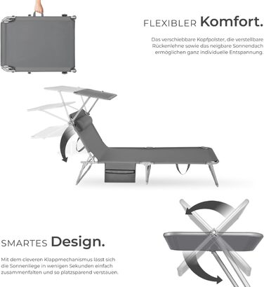 Складаний портативний шезлонг з бічною кишенею, пляжний шезлонг, садовий шезлонг з навісом, крісло-відкидний крісло з регульованою спинкою, включаючи підголівник - для балкону, тераси, кемпінгу - сірий