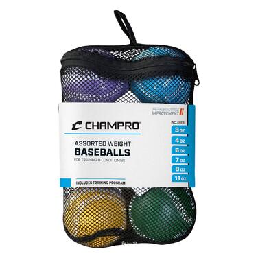 Тренувальний бейсбольний набір Champro, 6 предметів, червоний/бордовий/зелений/жовтий/синій/чорний, 9 дюймів (22,9 см) 3, 4, 6, 7, 9 та 11 унцій. Жовтий, фіолетовий, зелений, синій, червоний, помаранчевий